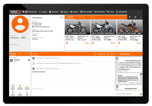 CyclePro tracks customers starting from a lead and keeps them in the system permanently once they come into the dealer. 