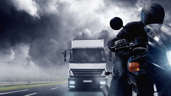 motorcycle, low visibility, storm, fog, truck