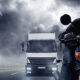 motorcycle, low visibility, storm, fog, truck